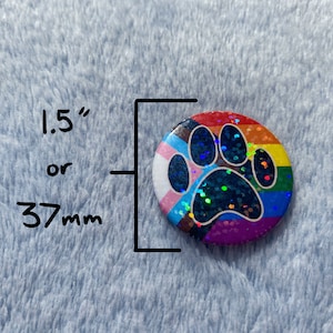 May include: A round button with a rainbow paw print design, approximately 1.5 inches or 37mm in diameter. The button features a rainbow background and a glittery paw print. The button has a transgender pride flag design on the left side.