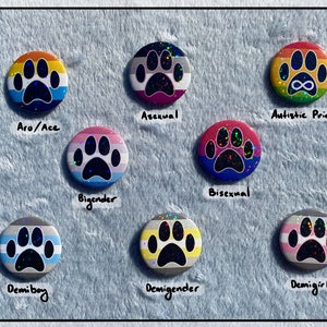 May include: A collection of round, colorful pride buttons featuring a paw print design. Each button displays a different flag design, including Aro/Ace, Asexual, Autistic Pride, Bigender, Bisexual, Demiboy, Demigender, and Demigirl.