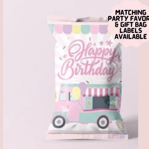 May include: A pink and white party favor bag with a colorful ice cream truck design and the text "Happy Birthday". Matching party favors and gift bag labels are available.