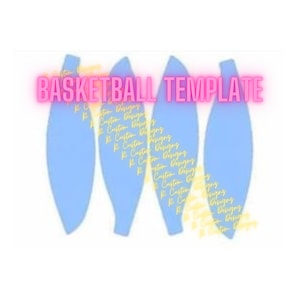 Peut inclure: Un modèle de ballon de basket-ball bleu clair avec le texte "BASKETBALL TEMPLATE" en rose. Le design présente quatre formes allongées et incurvées. Le fond est blanc, avec un filigrane de texte en jaune.