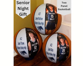 May include: Three basketballs with personalized photos of basketball players. Each basketball has a white and orange design with the player's number, name, and school name printed on it. The text on the basketballs reads "Ralston Valley High" and "Ralston Valley".