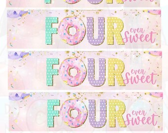 Quatuor, Étiquette à l'eau Quatrième anniversaire, Étiquettes de fête, Cadeau de fête donut, Cadeau d'anniversaire sucré, Fête d'anniversaire, Anniversaire de filles