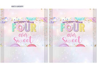Bonbons pour quatre, guimauve Krispy pour le quatrième anniversaire, gâterie de fête, cadeau de fête donut, cadeau d'anniversaire sucré, anniversaire, anniversaire de filles
