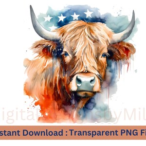 Patriotic Cow PNG Highland Cow PNG Cow Sublimation PNG Cow Clipart 4th of July png Independence Day png Watercolor Highland Clipart