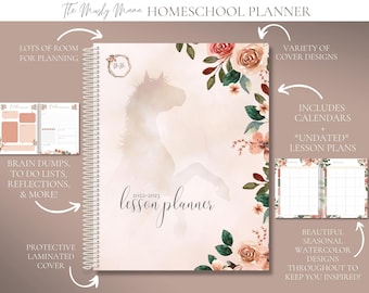 Homeschool Planner, Equine Cover Edition, 2022-2023 Lesson Planner, Watercolor Planner, Spiral bound, undated lesson plans, The Mushy Mama