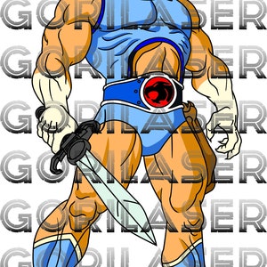 Puede incluir: Una ilustración de dibujos animados de un personaje musculoso de pelo rojo que lleva un traje azul y blanco. Sostiene una espada en su mano derecha y tiene una expresión seria en su rostro.