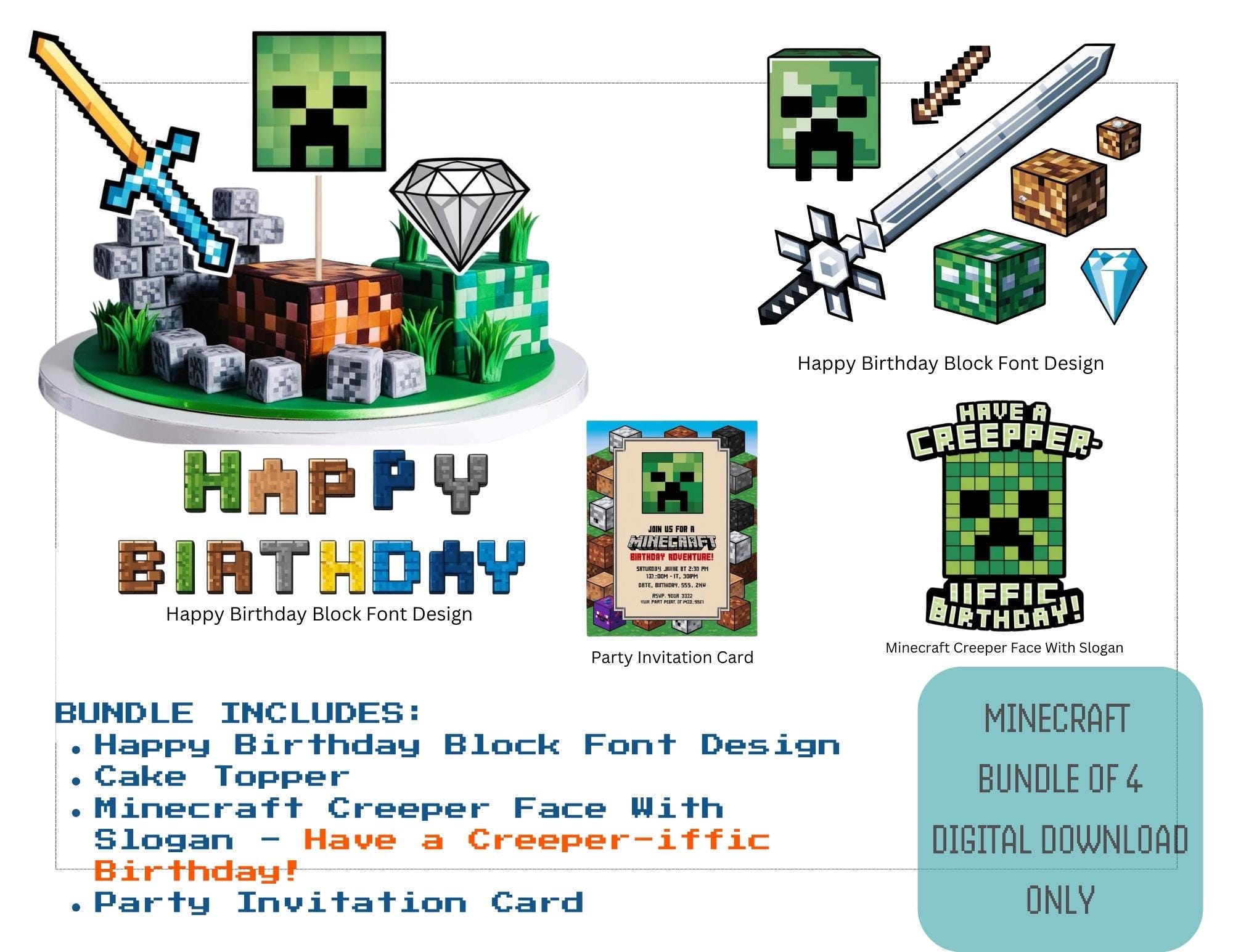 Minecraft Birthday SVG 4-IN-1 Bundle