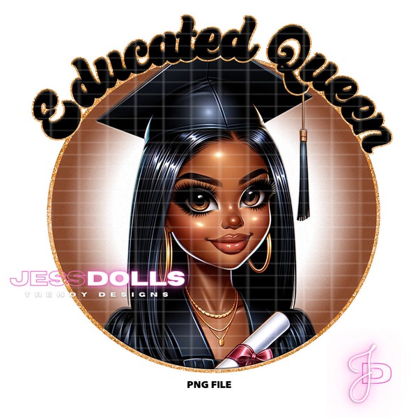 Educated Queen Chibi Girl Black Girl Graduation Clipart African American PNG for DTF, Iron On Print, Sublimation | Digital Download