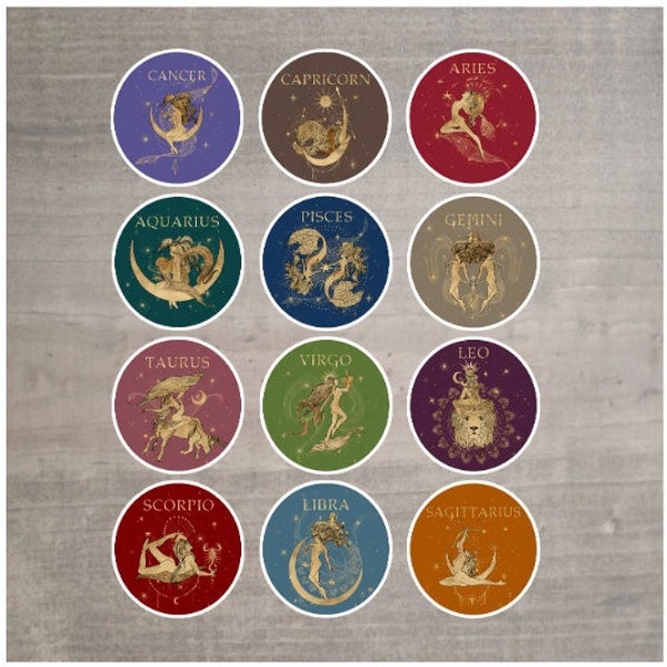 Zodiac Stickers - Aquarius - Gemini - Leo - Capricorn - Taurus - Sagittarius - Cancer - Aries - Pisces - Virgo - Libra - Scorpio - Astrology