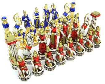 Pezzi degli scacchi Persia spartana: pezzi degli scacchi in poliestere di grandi dimensioni con colori vivaci e pezzi unici della Persia spartana