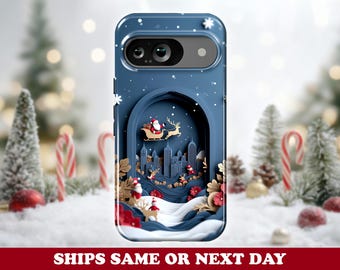 Christmas Storybook Cutout Pixel Phone Case - Santa Sleigh Ride & Festive Winter Scene