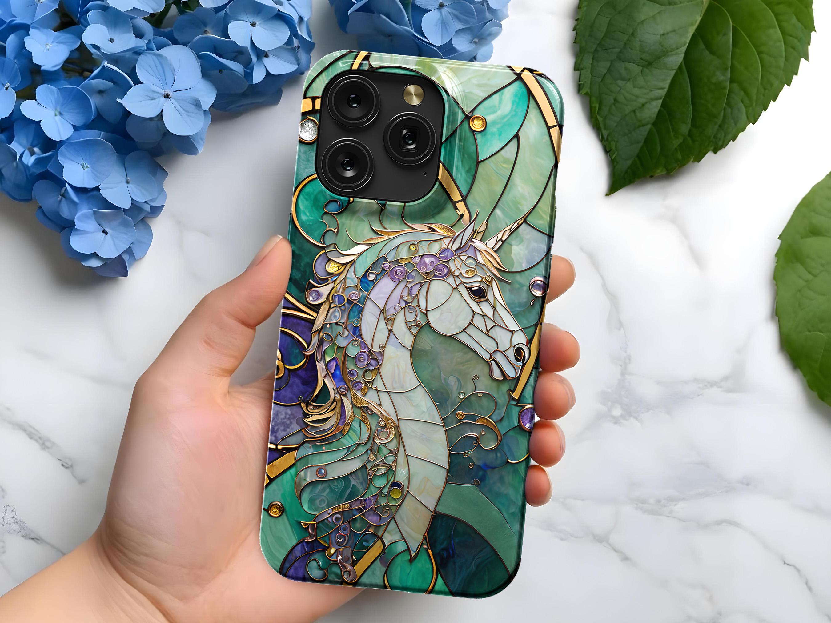Telefoonhoesje met eenhoorn-gebrandschilderd glasmozaïek | MagSafe | iPhone 16, 15, 14, 13, 12, 11, SE | Pro Max Plus Mini | cadeau voor haar | cadeau voor hem