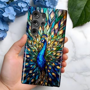 Coque de portable mosaïque en vitrail paon | Samsung Galaxy S25, S24, S23, S22, S21 | Plus Ultra FE | Remarque sur la galaxie | cadeau pour elle lui