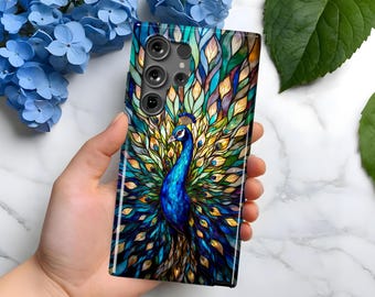Telefoonhoesje met gebrandschilderd glas-mozaïek Peacock | Samsung Galaxy S25, S24, S23, S22, S21 | Plus Ultra FE | Galaxy Note | cadeau voor haar hem