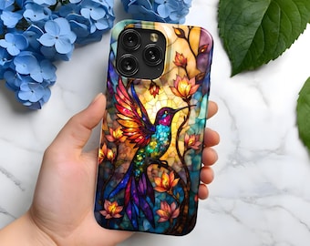 iPhone-hoesje met gebrandschilderd glas kolibrie | Bloemdessin, MagSafe