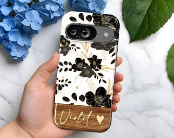 Personalized Floral Wood Phone Case | Gold Flowers Case | Custom Name Case | Google Pixel 9, 8, 7, 6 | 6a, 7a, 8a | Pro XL | gift for her
