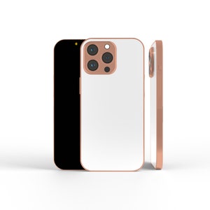 May include: A white phone case with a rose gold frame and camera module. The phone case is shown from three angles, displaying the back, front, and side views. The phone screen is black.