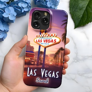 Funda para teléfono personalizada con el horizonte de la ciudad de Las Vegas / Funda con nombre personalizado / iPhone 16, 15, 14, 13, 12 / Pro Max Plus Mini / Regalo para ella y él