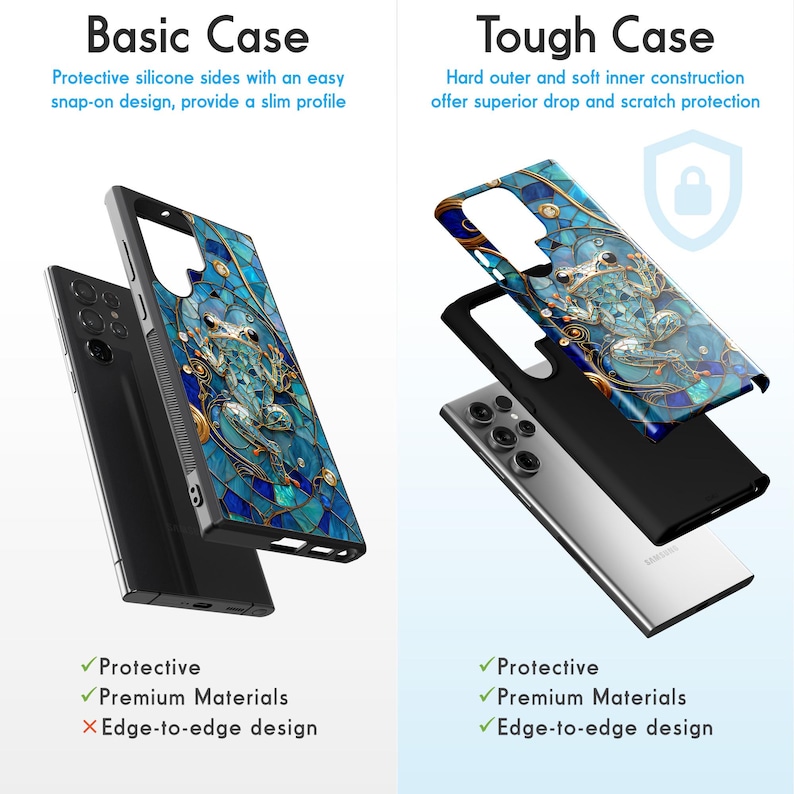 Peut inclure: Deux coques de t&eacute;l&eacute;phone avec un motif de grenouille bleu et or. La coque de gauche est une coque basique avec un profil fin. La coque de droite est une coque r&eacute;sistante avec une construction ext&eacute;rieure dure et int&eacute;rieure souple. Les deux coques affichent "Protective", "Premium Materials", et "Edge-to-edge design".