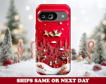 Christmas Storybook Cutout Pixel Phone Case - Santa Sleigh Ride & Festive Winter Scene