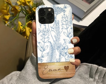 Personalized Floral Wood Phone Case | Custom Name Case | Flowers Case | iPhone 16, 15, 14, 13, 12 | Pro Max Plus Mini | Gift for Her
