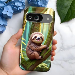 May include: A phone case with a green, brown, and yellow jungle scene featuring a cartoon sloth with a smiling face. The sloth is hanging from a tree branch.