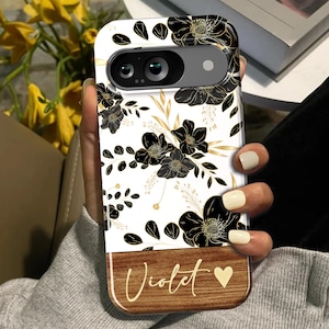 Personalized Gold Floral Wood Google Pixel Phone Case: Custom Name