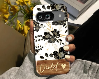 Coque personnalisée Google Pixel en bois floral doré : nom personnalisé