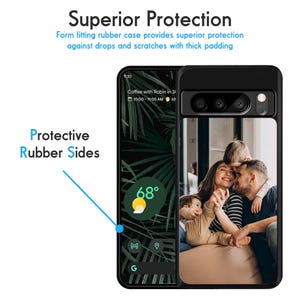 May include: Black phone case with a protective rubber bumper. The case has a clear back panel that shows a photo of a family of three. The phone case has a raised camera bump with two camera lenses.