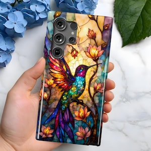 Coque de portable mosaïque en vitrail Colibri | Samsung Galaxy S25, S24, S23, S22, S21, S20 | Plus Ultra FE | Remarque sur la galaxie | Cadeau pour elle et lui