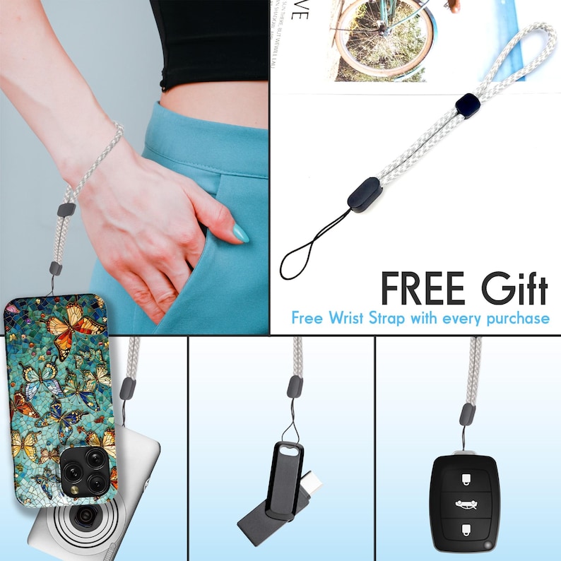 Op de afbeelding: Een telefoonhoesje met een kleurrijk vlinderontwerp. Het hoesje is bevestigd aan een witte polsband. De band is ook bevestigd aan een autosleutel en een klein zwart etui. De tekst "FREE Gift" en "Free Wrist Strap with every purchase" wordt weergegeven.