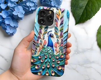 May include: A smartphone case featuring a vibrant peacock design. The case showcases a blue peacock with a fanned tail, set against a light blue background with colorful feather accents. The case has a glossy finish.