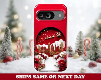 Christmas Storybook Cutout Pixel Phone Case - Santa Sleigh Ride & Festive Winter Scene
