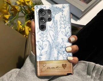 Funda de teléfono de madera con flores personalizada / Funda con nombre personalizado / Samsung Galaxy S25, S24, S23, S22, S21 / Plus Ultra FE / Galaxy Note / regalo para ella