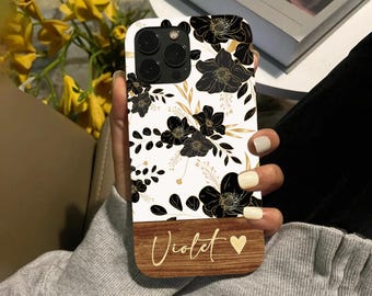 Personalized Gold Floral Wood iPhone Case: Custom Name
