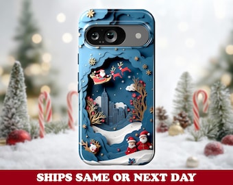 Christmas Storybook Cutout Pixel Phone Case - Santa Sleigh Ride & Festive Winter Scene