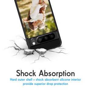 May include: A black phone case with a hard outer shell and shock absorbent silicone interior. The case is shown falling onto a cracked surface, demonstrating its drop protection.