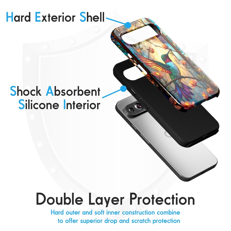 Op de afbeelding: Een dubbellaagse telefoonhoes met een harde buitenkant en een schokabsorberende siliconen binnenkant. De hoes heeft een kleurrijk kolibrie-ontwerp met bloemen en bladeren. De tekst "Hard Exterior Shell", "Shock Absorbent Silicone Interior" en "Double Layer Protection" is zichtbaar op de afbeelding.