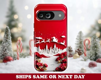 Christmas Storybook Cutout Pixel Phone Case - Santa Sleigh Ride & Festive Winter Scene