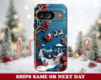 Christmas Storybook Cutout Pixel Phone Case - Santa Sleigh Ride & Festive Winter Scene