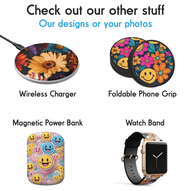 May include: A set of four phone accessories featuring a floral and smiley face design. The accessories include a wireless charger, a foldable phone grip, a magnetic power bank, and a watch band.