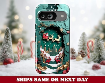 Christmas Storybook Cutout Pixel Phone Case - Santa Sleigh Ride & Festive Winter Scene