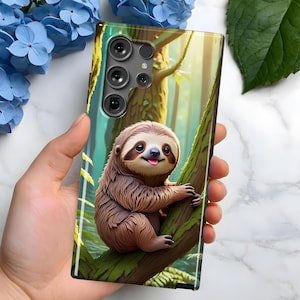 May include: A phone case with a cute cartoon sloth on a tree branch. The case is green, brown, and white with a black camera lens.