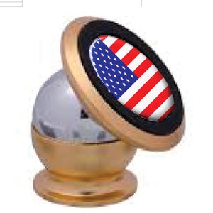 Puede incluir: Un soporte magnético para teléfono de color dorado con una base redonda y una parte superior giratoria. La parte superior presenta un anillo negro con un diseño de bandera estadounidense roja, blanca y azul.