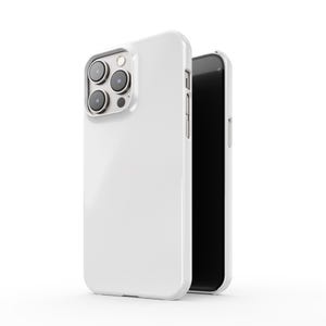 May include: A white phone case with a glossy finish, shown next to a black smartphone. The case has a camera cutout with three lenses and a flash. The phone's screen is black, contrasting with the white case.