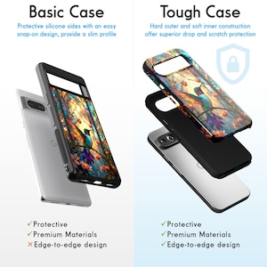 Op de afbeelding: Twee telefoonhoesjes worden naast elkaar getoond. Het hoesje aan de linkerkant is een basishoesje met een slank profiel en een kolibrie-ontwerp. Het hoesje aan de rechterkant is een robuust hoesje met een harde buitenkant en een zachte binnenkant, wat superieure bescherming tegen vallen en krassen biedt. Beide hoesjes hebben een kolibrie-ontwerp.