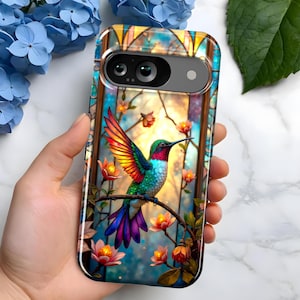Coque de portable mosaïque en vitrail Colibri | Pixel 9, 8, 7, 6 de Google | 6a, 7a, 8a | XL Pro | Cadeau parfait pour les amateurs d'art et les fans d'oiseaux