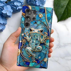Coque de portable mosaïque en vitrail grenouille bleue | Samsung Galaxy S25, S24, S23, S22, S21, S20 | Plus Ultra FE | Remarque sur la galaxie | Cadeau pour elle et lui