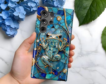 Blauw kikker glas-in-loodmozaïek telefoonhoesje | Samsung Galaxy S25, S24, S23, S22, S21, S20 | Plus Ultra FE | Galaxy Note | Cadeau voor haar hem