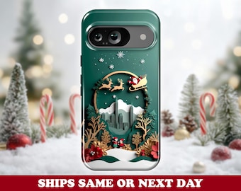 Christmas Storybook Cutout Pixel Phone Case - Santa Sleigh Ride & Festive Winter Scene